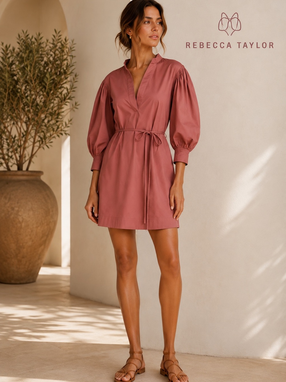 Rebecca Taylor Balloon Sleeve Cotton Stretch Twill Dress Rose M Tie Waist $265